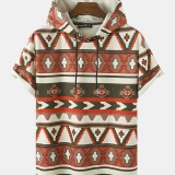 Mens All Over Colorful Geometric Print Corduroy Short Sleeve Hooded T-Shirts