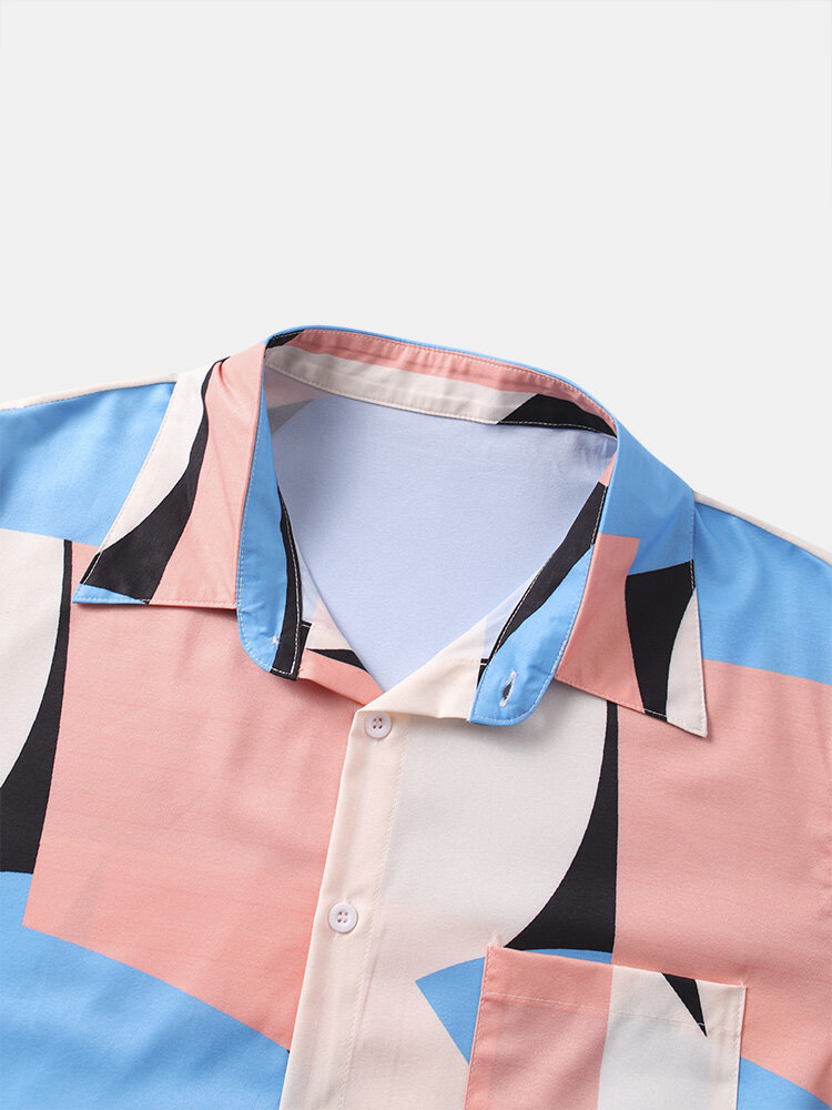 Men Geometric Print Single Pocket Soft Leisure All Matched Skin Friendly Shirts