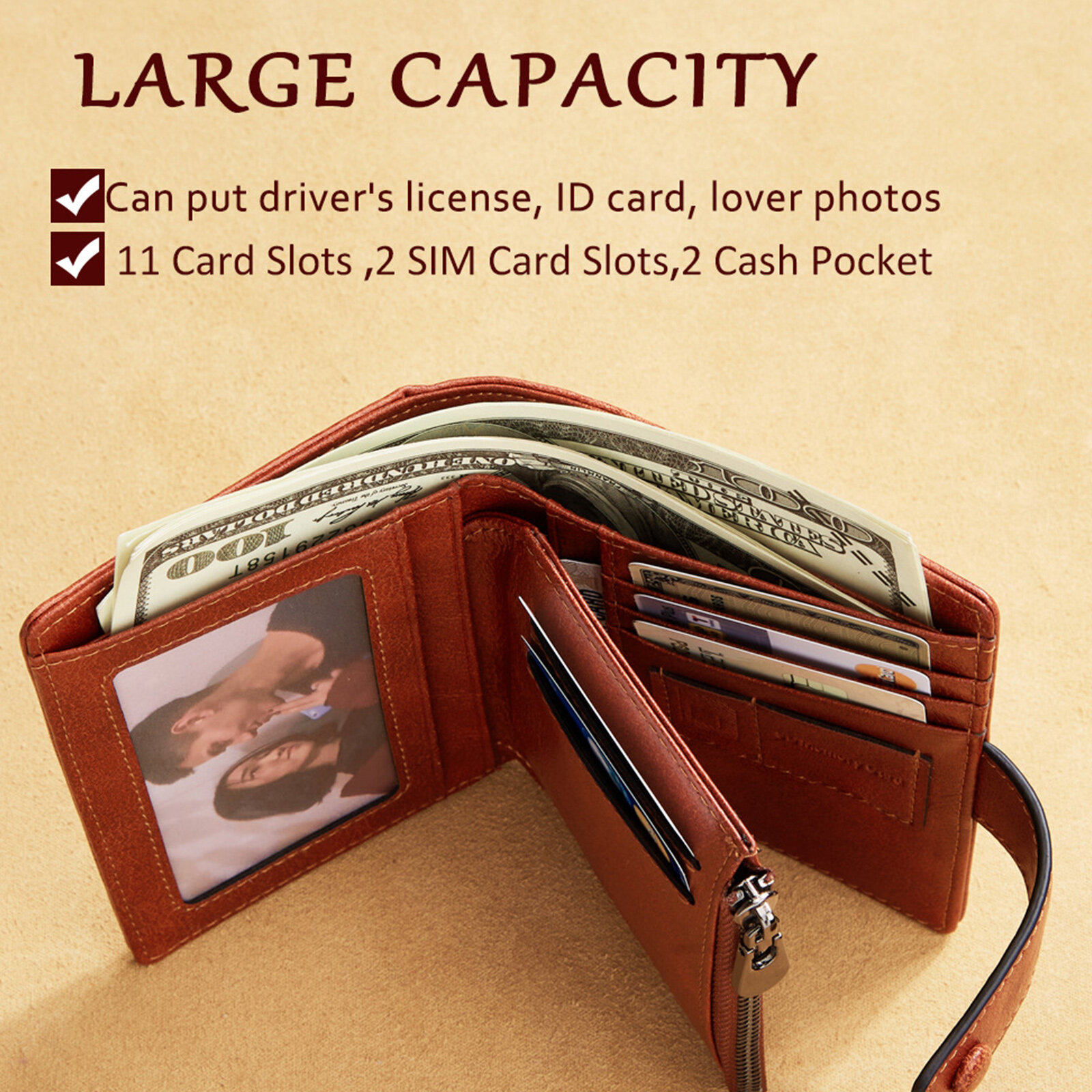 Men Genuine Leather Vintage RFID Large Capacity Wallet Multiple Card Slots Design Purse