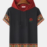 Mens Rose Ethnic Geometric Print Short Sleeve Drawstring Hooded T-Shirts