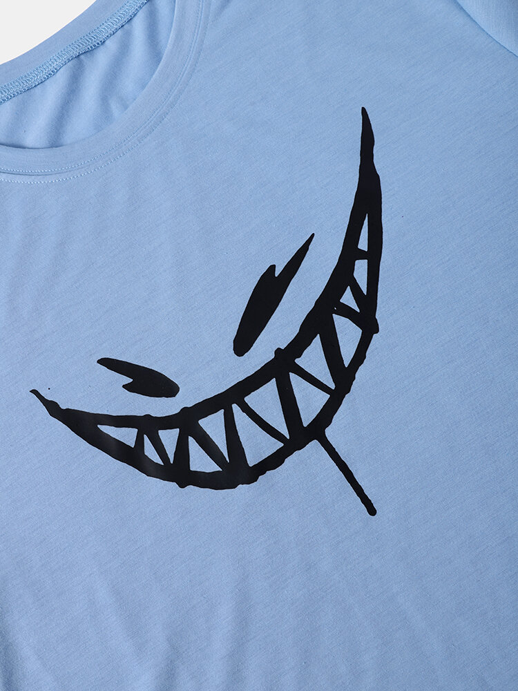 Men Evils Smile Print Hem Cuff All Matched Skin Friendly Crew Neck T-Shirts