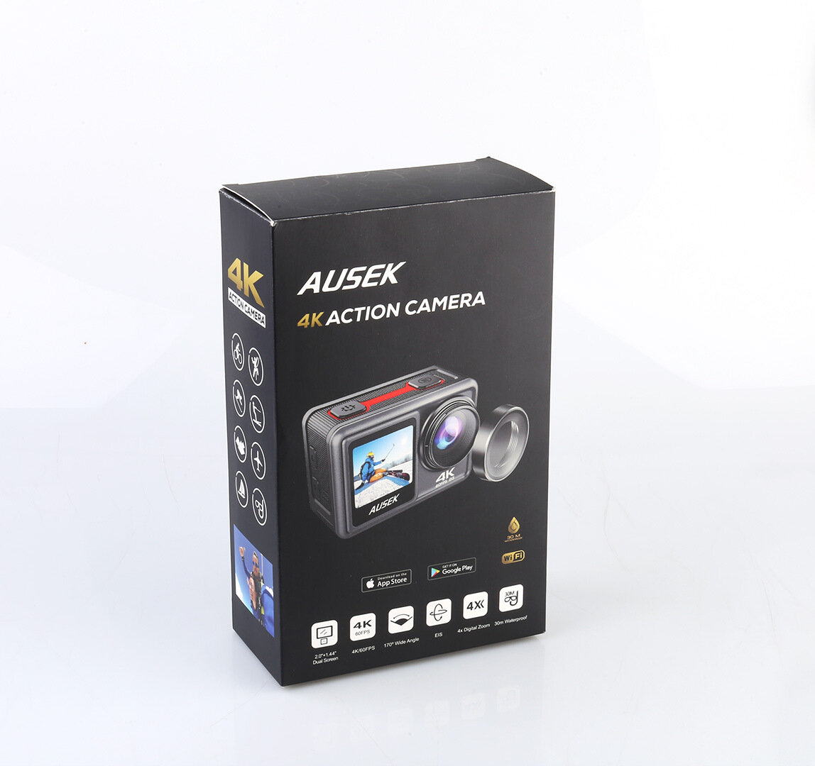 AUSEK AT-S81ER 24MP 4K 60fps Action Camera Vlog Video EIS 170 Wide Angle IPS Dual Screen 30M Waterproof 1080P Webcam Car DVR Recording Sport Camera with Filter Lens APP WiFi